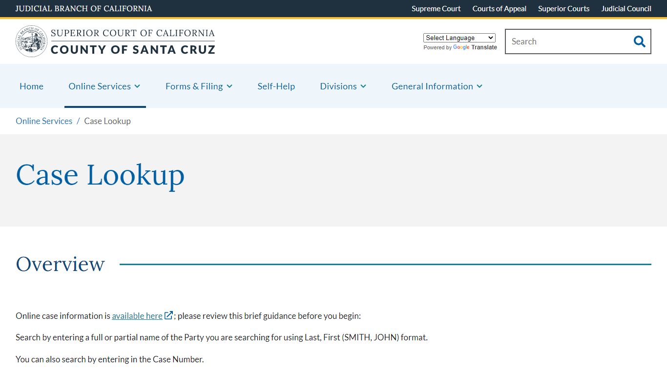 Case Lookup | Superior Court of California | County of Santa Cruz